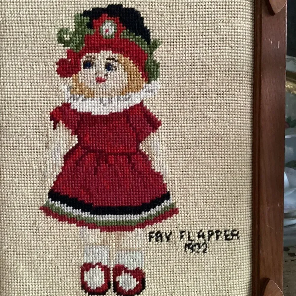 Vintage Needlepoint Sailor Boy Brockner and Girl Fay Flapper Custom Oak Frames